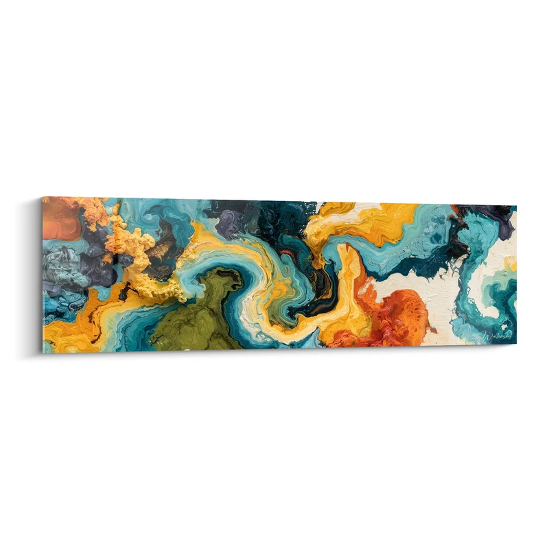 Tableau Coulée marbrée turquoise et safran alvéolée - Empâtement rouge et vert - Edition style Peinture abstrait