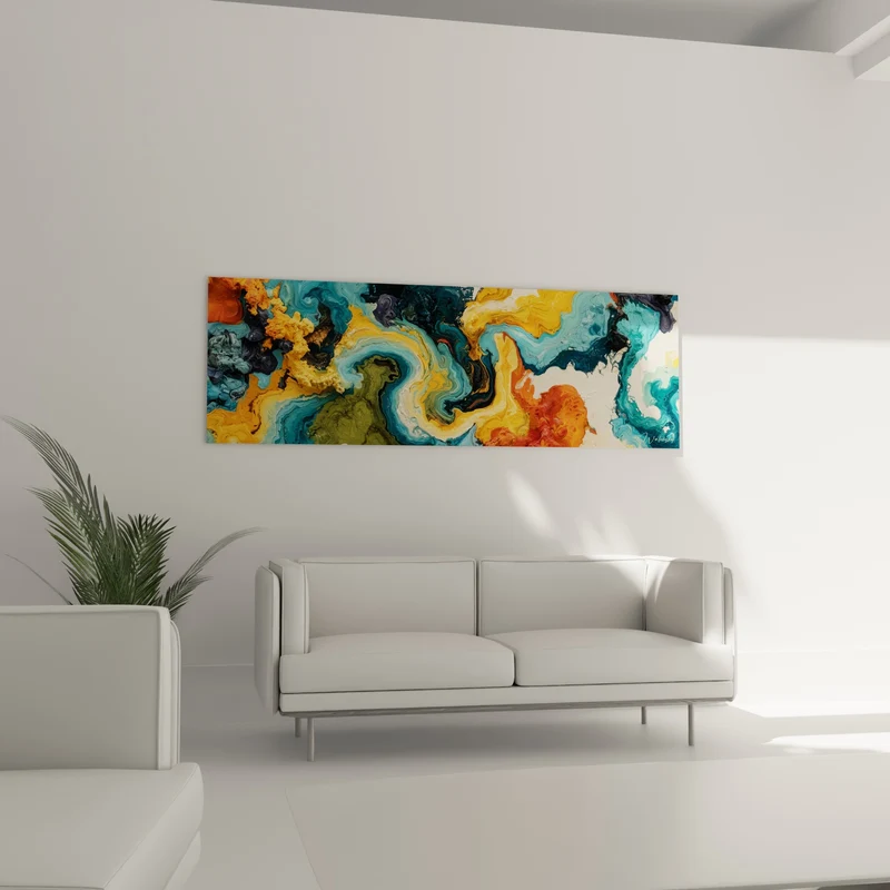 Tableau Coulée marbrée turquoise et safran alvéolée - Empâtement rouge et vert - Edition style Peinture abstrait