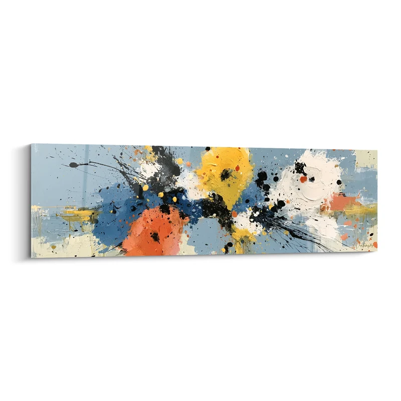 Tableau Éclaboussures jaune et bleu sur fond ciel - Taches noires éparses - Edition style Peinture abstrait