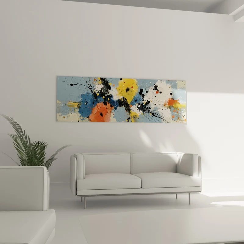 Tableau Éclaboussures jaune et bleu sur fond ciel - Taches noires éparses - Edition style Peinture abstrait