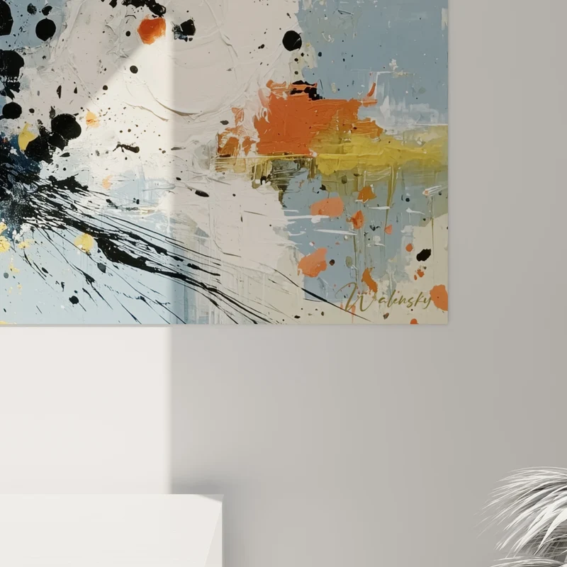 Tableau Éclaboussures jaune et bleu sur fond ciel - Taches noires éparses - Edition style Peinture abstrait