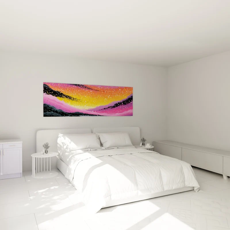 Tableau Vagues galactiques roses et orangées mouchetées - Fusion céleste - Edition style Peinture abstrait