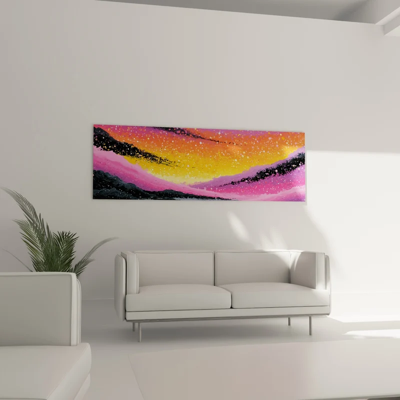 Tableau Vagues galactiques roses et orangées mouchetées - Fusion céleste - Edition style Peinture abstrait