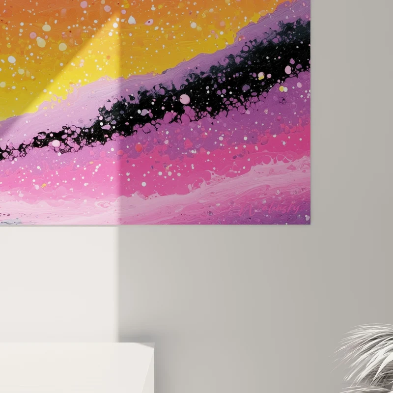Tableau Vagues galactiques roses et orangées mouchetées - Fusion céleste - Edition style Peinture abstrait