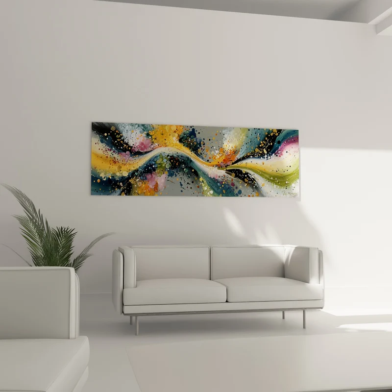 Tableau Vague sinueuse dorée et bleu marine éclaboussée - Constellation de bulles colorées - Edition style Peinture abstrait