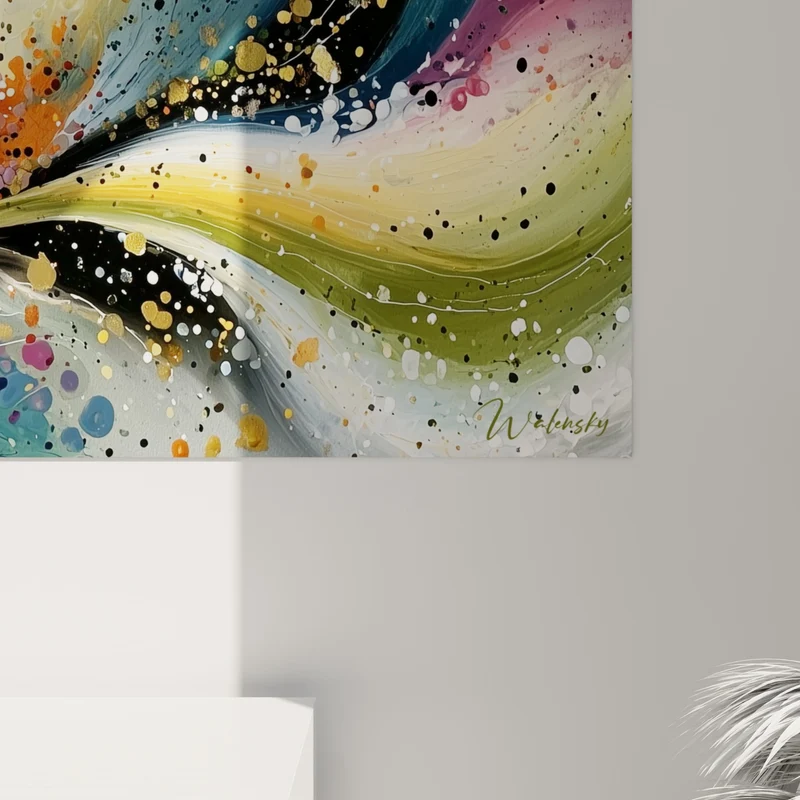 Tableau Vague sinueuse dorée et bleu marine éclaboussée - Constellation de bulles colorées - Edition style Peinture abstrait