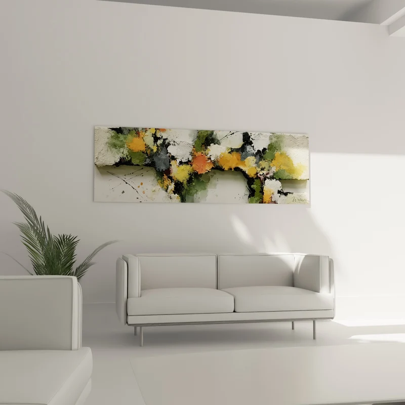 Tableau Éclaboussures ocre et vert sauge horizontales - Fragments d'automne - Edition style Peinture abstrait