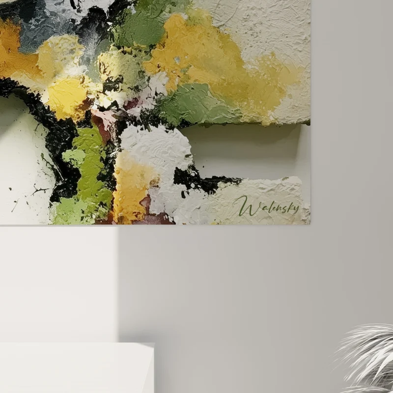 Tableau Éclaboussures ocre et vert sauge horizontales - Fragments d'automne - Edition style Peinture abstrait