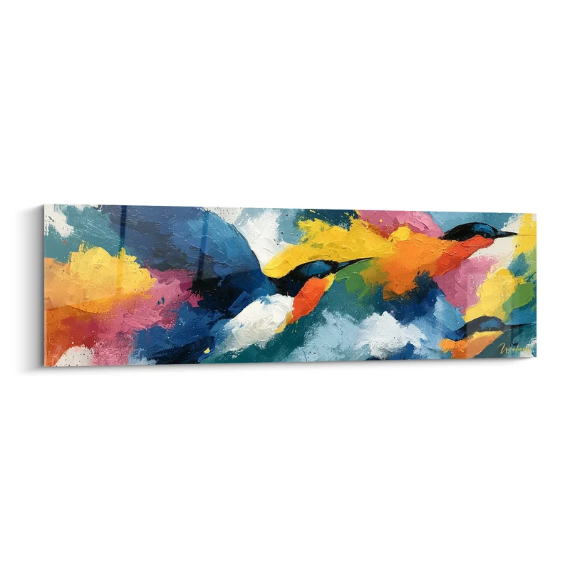 Tableau Oiseaux bleu marine et jaune envol coloré - Envol chromatique - Edition style Peinture abstrait