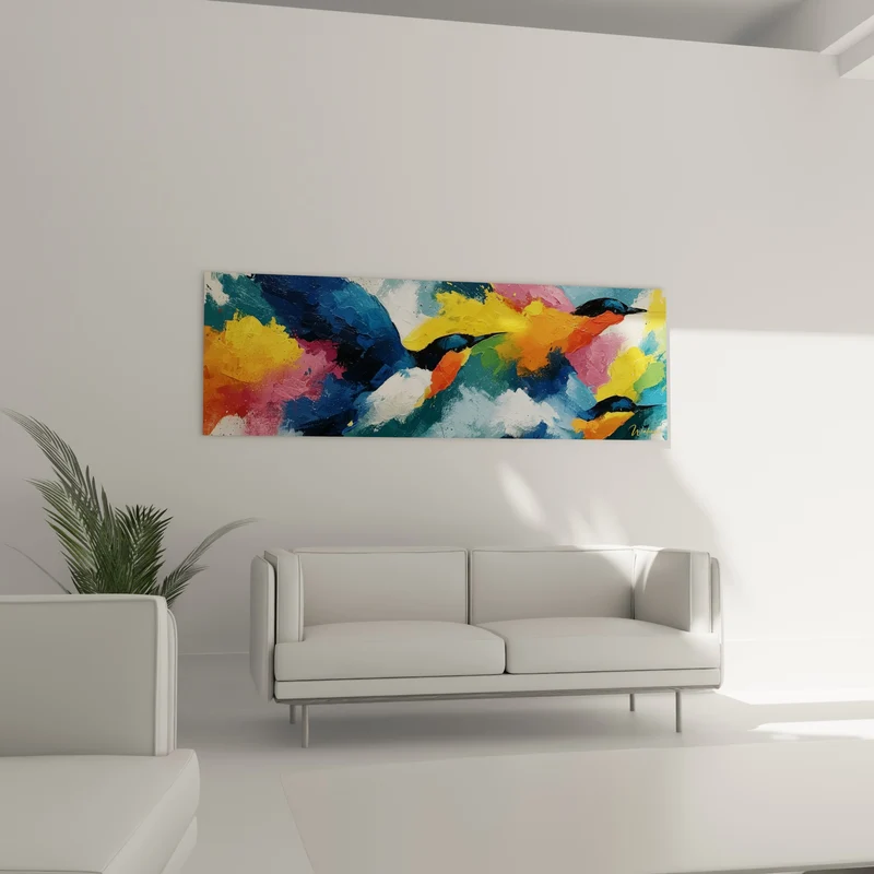 Tableau Oiseaux bleu marine et jaune envol coloré - Envol chromatique - Edition style Peinture abstrait
