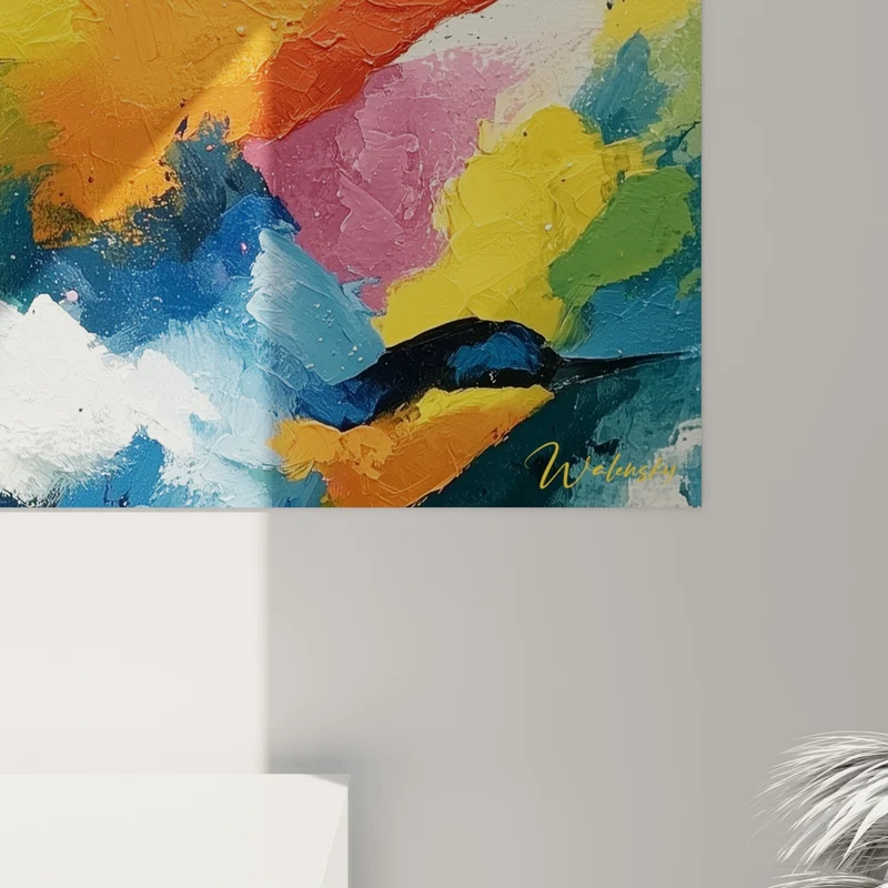 Tableau Oiseaux bleu marine et jaune envol coloré - Envol chromatique - Edition style Peinture abstrait