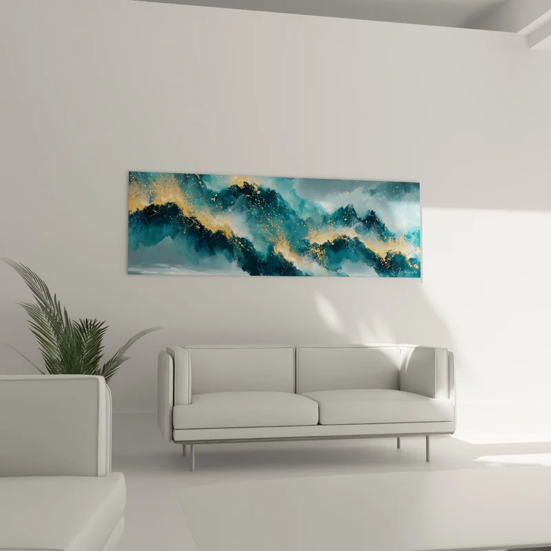 Tableau Crête de vague bleue et dorée éclaboussée - Sillage lumineux nocturne - Edition style Peinture abstrait