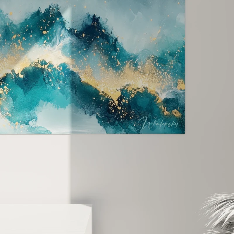 Tableau Crête de vague bleue et dorée éclaboussée - Sillage lumineux nocturne - Edition style Peinture abstrait