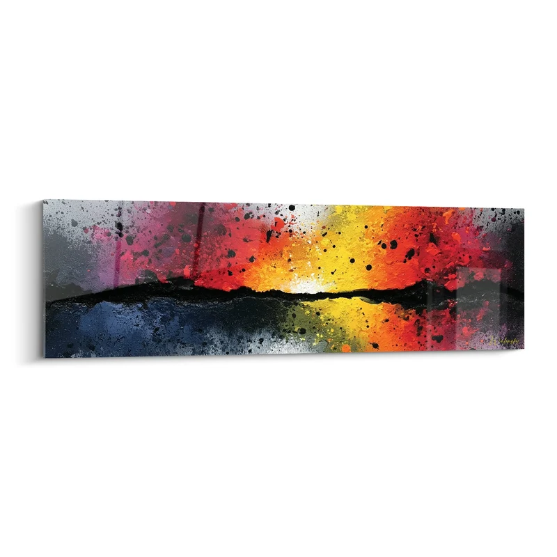 Tableau Horizon rouge et jaune aux éclaboussures noires - Ligne de crête embrasée - Edition style Peinture abstrait