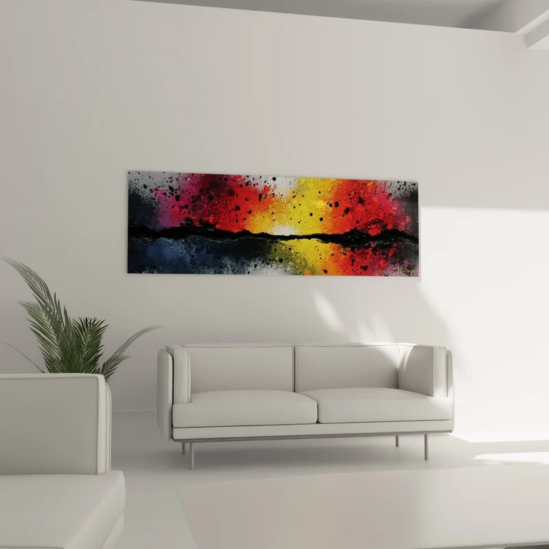 Tableau Horizon rouge et jaune aux éclaboussures noires - Ligne de crête embrasée - Edition style Peinture abstrait