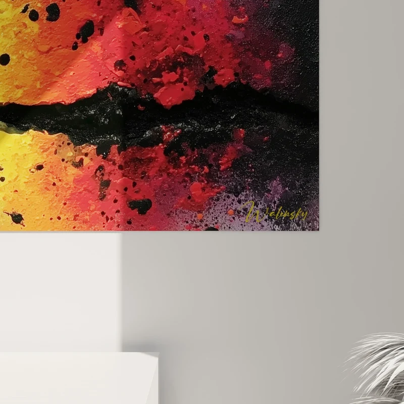 Tableau Horizon rouge et jaune aux éclaboussures noires - Ligne de crête embrasée - Edition style Peinture abstrait