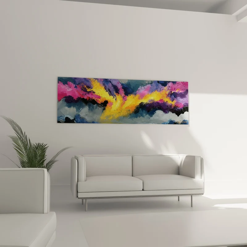 Tableau Éruption dorée aux nuages violets - Percée orageuse - Edition style Peinture abstrait
