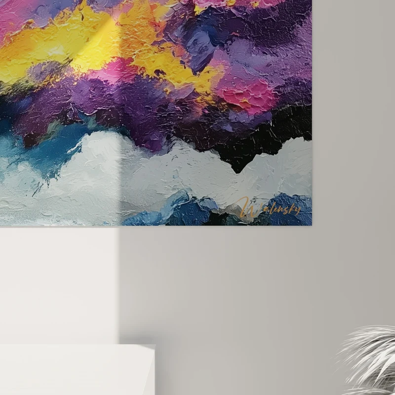 Tableau Éruption dorée aux nuages violets - Percée orageuse - Edition style Peinture abstrait