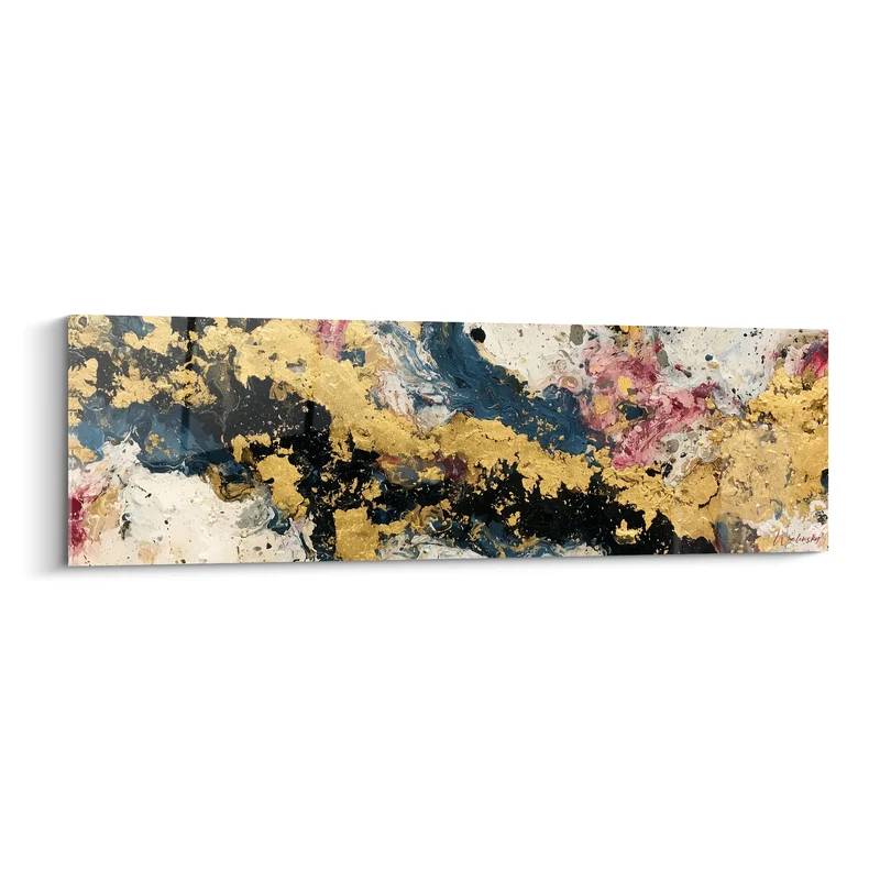 Tableau Marbrure dorée et noire aux éclats roses - Veines minérales fragmentées - Edition style Peinture abstrait