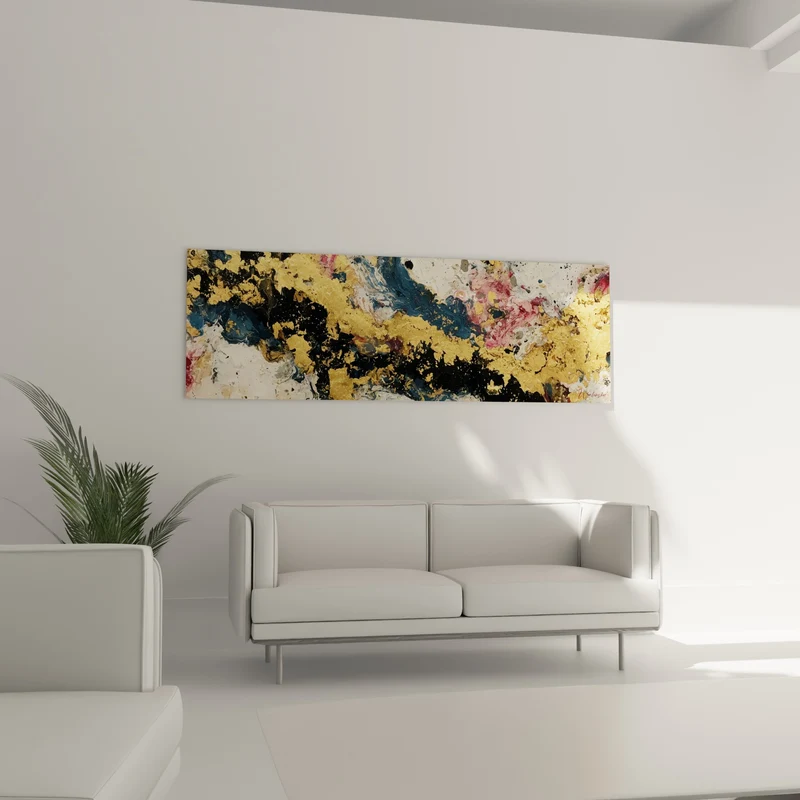 Tableau Marbrure dorée et noire aux éclats roses - Veines minérales fragmentées - Edition style Peinture abstrait
