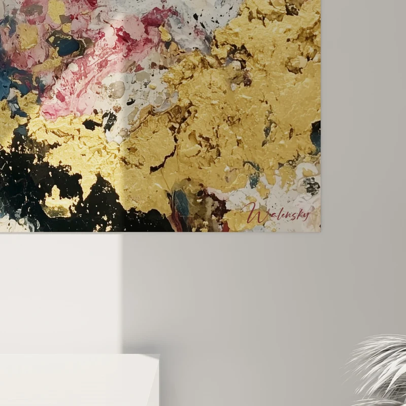 Tableau Marbrure dorée et noire aux éclats roses - Veines minérales fragmentées - Edition style Peinture abstrait