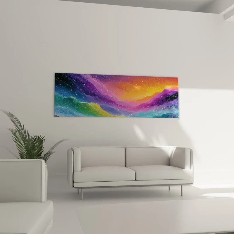 Tableau Vagues violettes et orangées éclaboussées - Marée céleste - Edition style Peinture abstrait