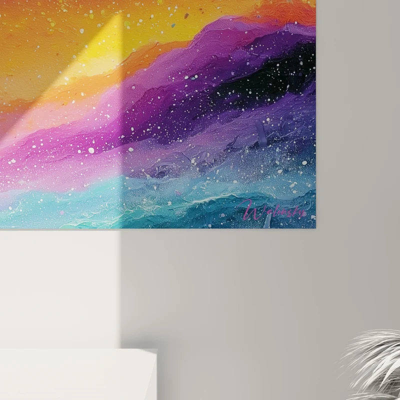 Tableau Vagues violettes et orangées éclaboussées - Marée céleste - Edition style Peinture abstrait