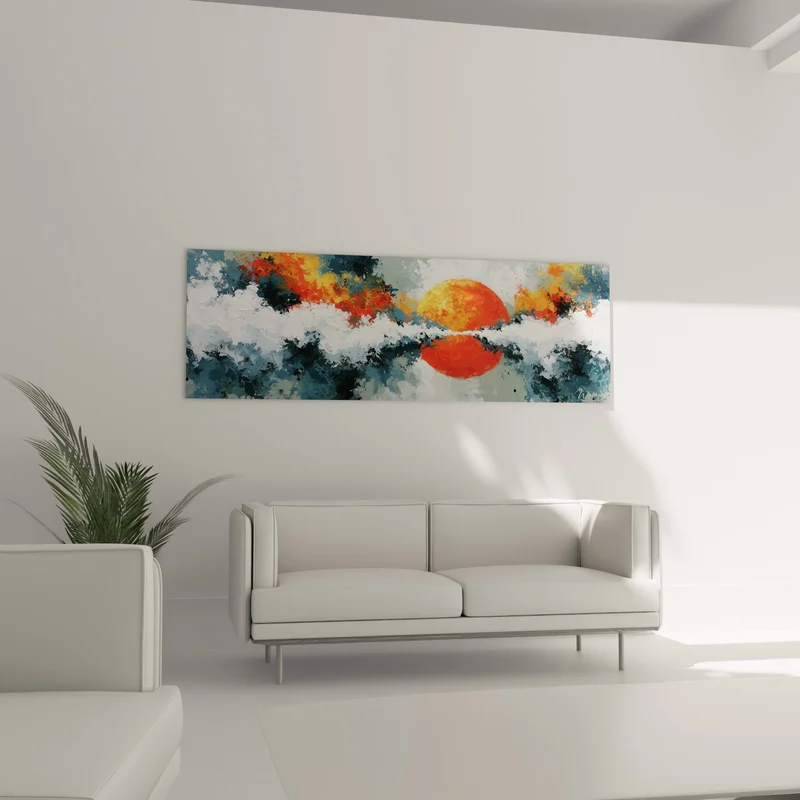 Tableau Soleil orange sur écume bleu marine - Bascule des éléments - Edition style Peinture abstrait