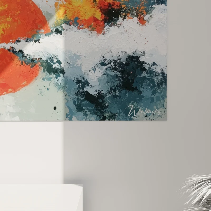Tableau Soleil orange sur écume bleu marine - Bascule des éléments - Edition style Peinture abstrait