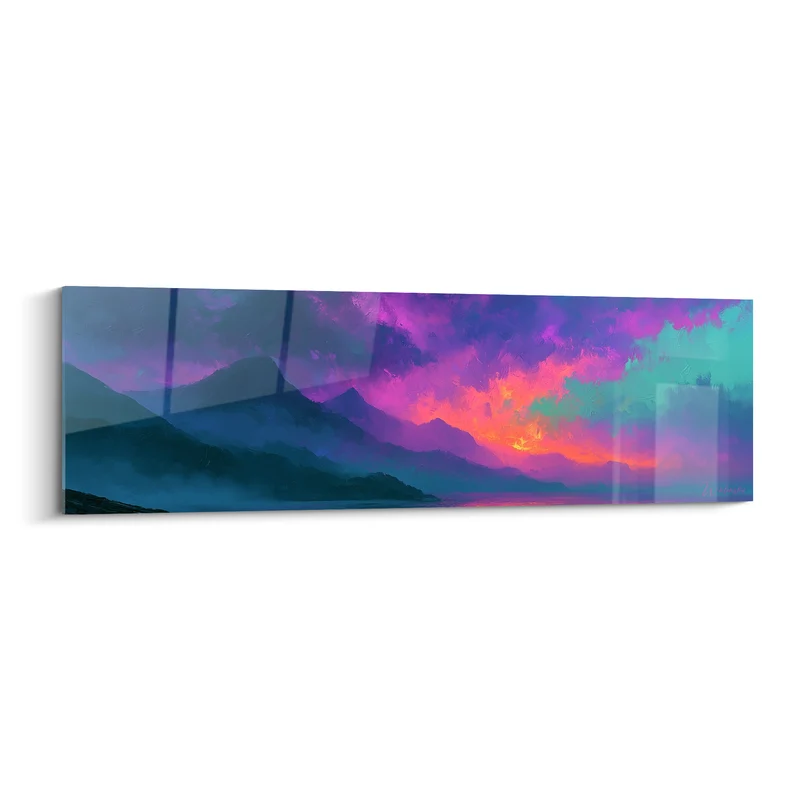 Tableau Montagnes violettes et embrasement corail - Crépuscule flamboyant - Edition style Peinture abstrait