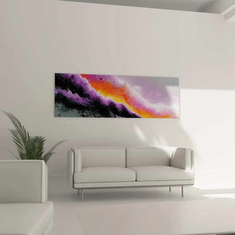 Tableau Vague diagonale violette et orange étoilée - Éclaboussures grises mouchetées - Edition style Peinture abstrait