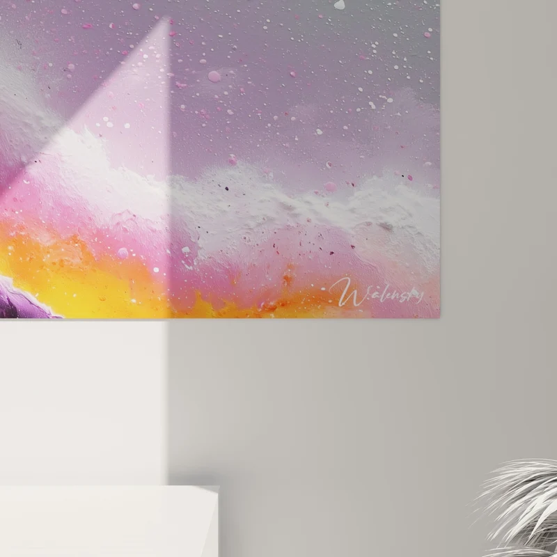 Tableau Vague diagonale violette et orange étoilée - Éclaboussures grises mouchetées - Edition style Peinture abstrait