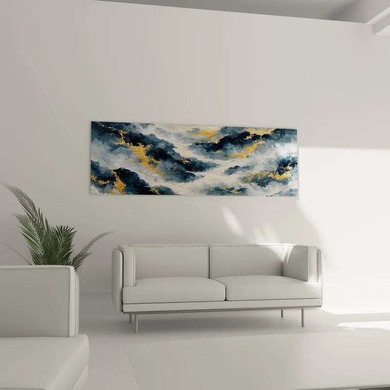 Tableau Vagues bleu marine et dorées déchaînées - Crête d'écume blanche - Edition style Peinture abstrait