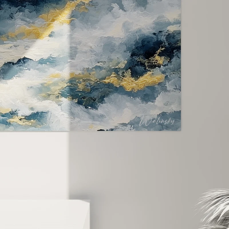 Tableau Vagues bleu marine et dorées déchaînées - Crête d'écume blanche - Edition style Peinture abstrait