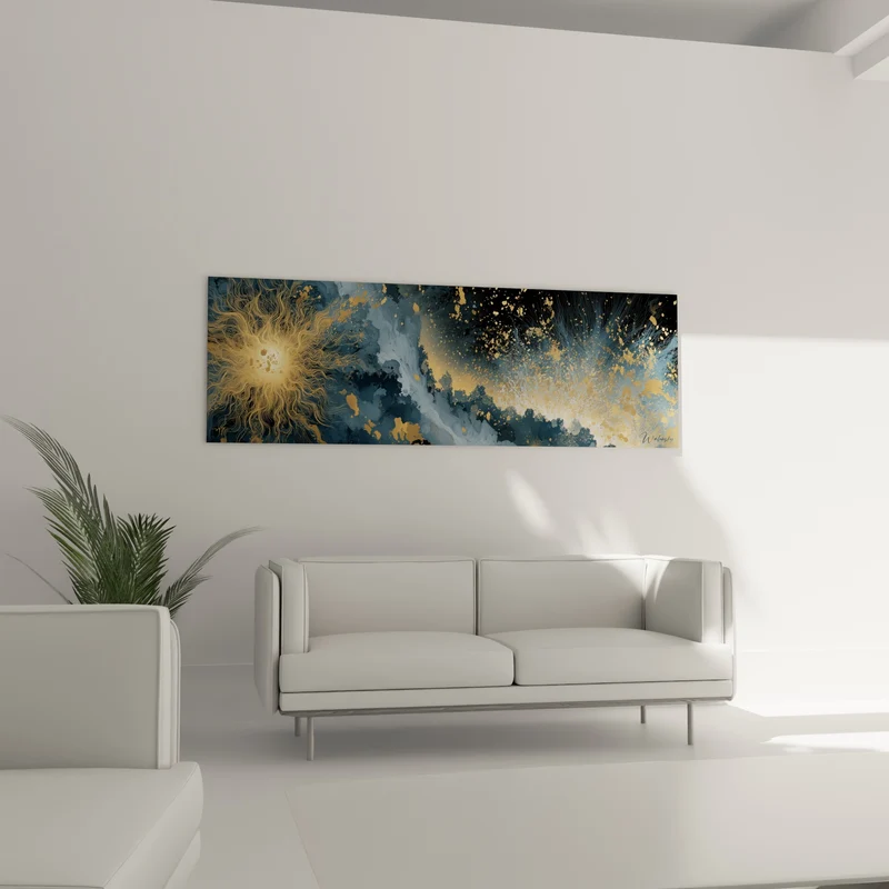 Tableau Astre doré aux volutes bleu marine et noir - Étoile filamenteuse rayonnante - Edition style Peinture abstrait
