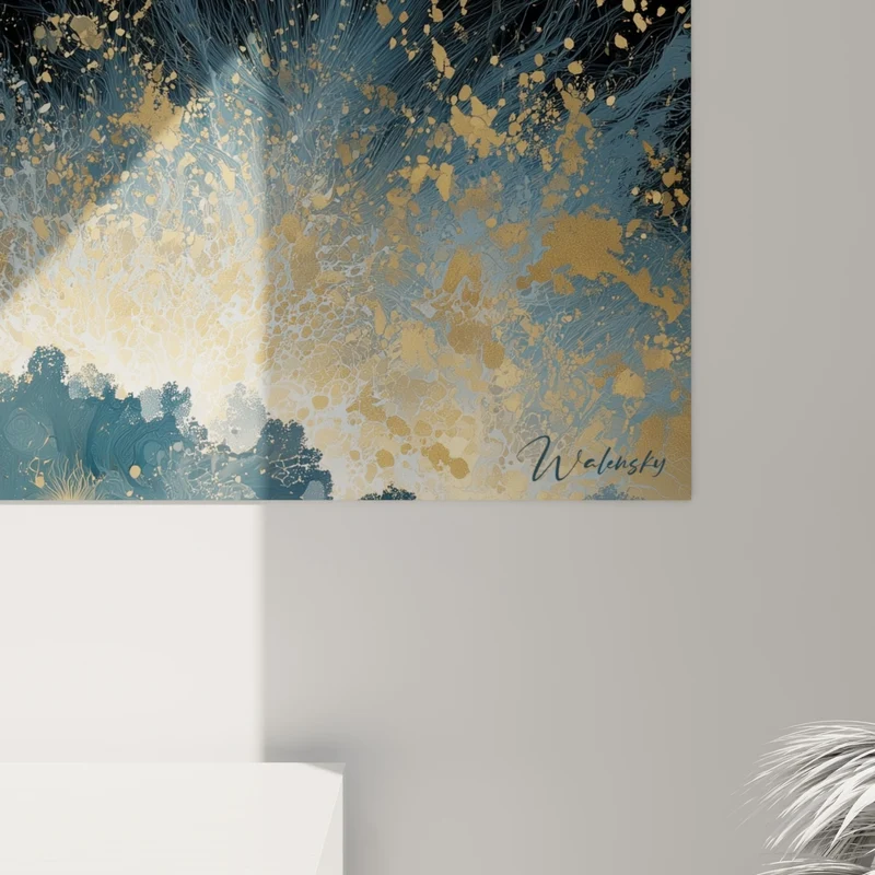 Tableau Astre doré aux volutes bleu marine et noir - Étoile filamenteuse rayonnante - Edition style Peinture abstrait