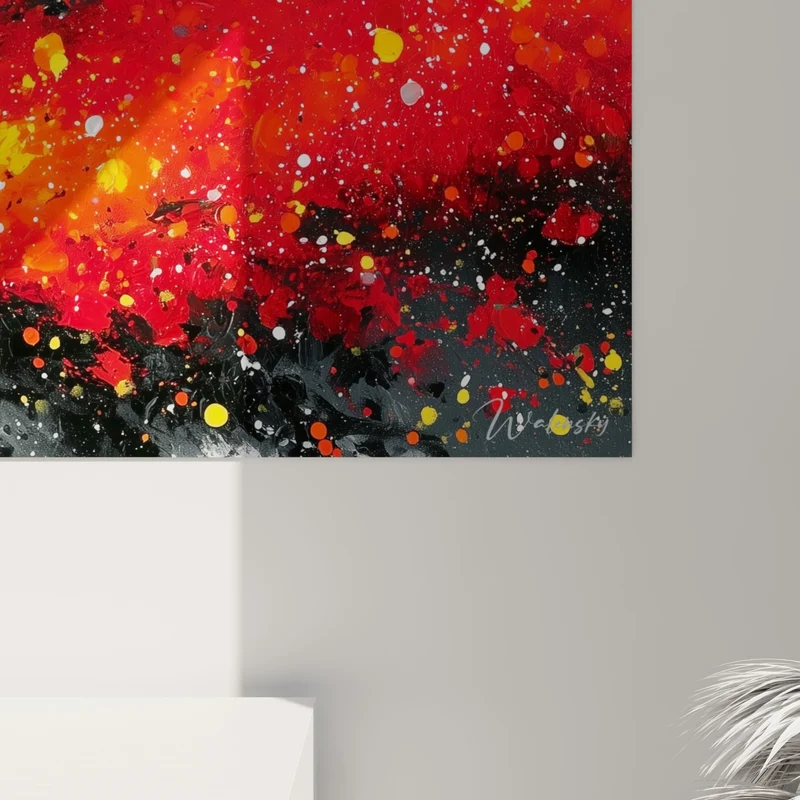Tableau Traînée rouge et noir aux éclaboussures dorées - Sillage incandescent - Edition style Peinture abstrait
