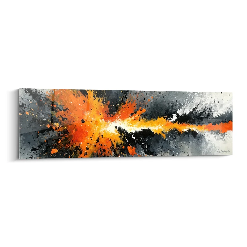 Tableau Éclaboussures orange et gris en trajectoire - Traînée horizontale lumineuse - Edition style Peinture abstrait
