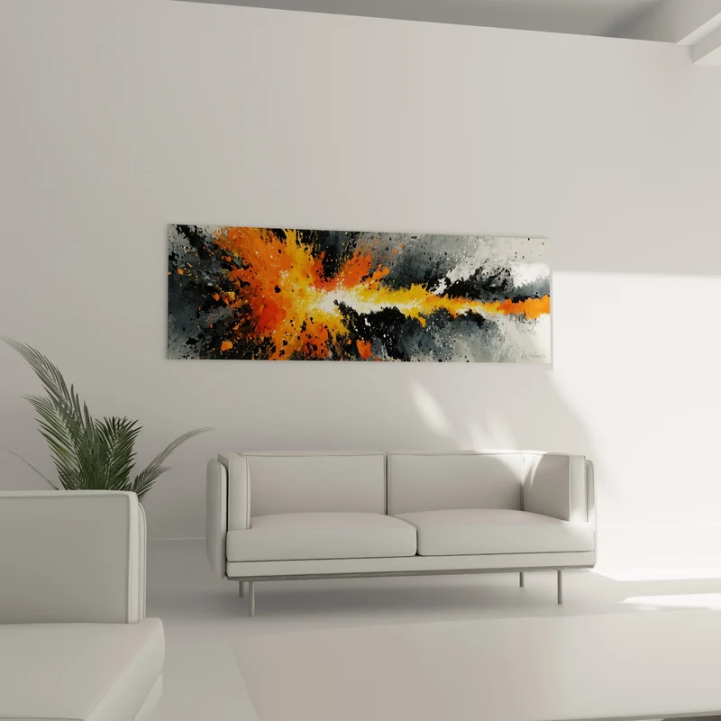 Tableau Éclaboussures orange et gris en trajectoire - Traînée horizontale lumineuse - Edition style Peinture abstrait