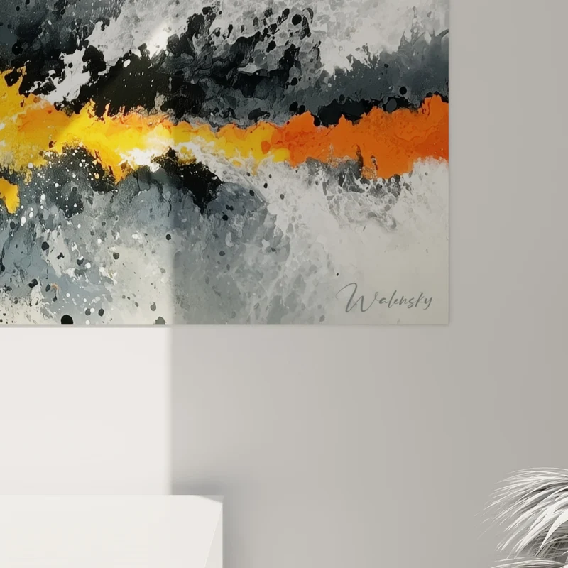 Tableau Éclaboussures orange et gris en trajectoire - Traînée horizontale lumineuse - Edition style Peinture abstrait