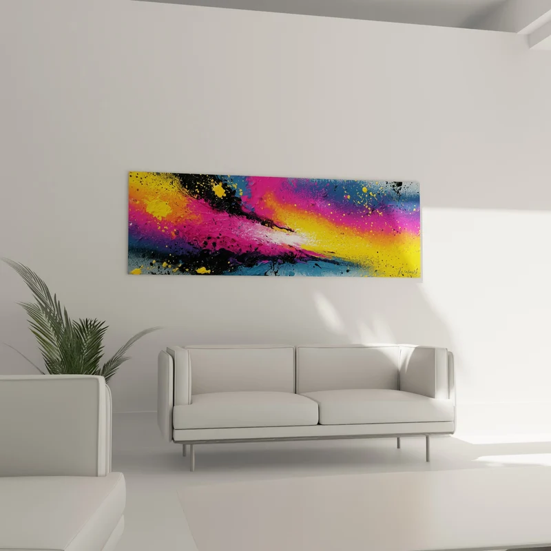 Tableau Éclaboussure magenta et jaune en diagonale - Impact lumineux central - Edition style Peinture abstrait