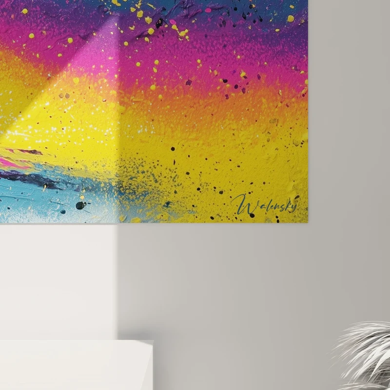 Tableau Éclaboussure magenta et jaune en diagonale - Impact lumineux central - Edition style Peinture abstrait