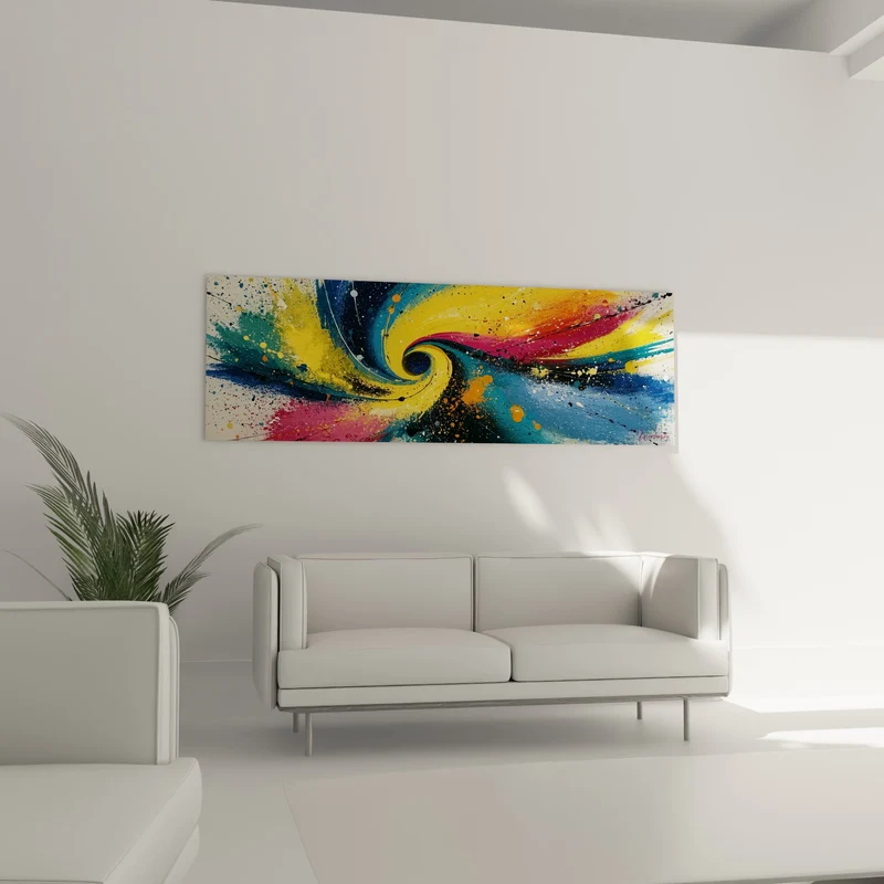 Tableau Spirale jaune et bleu aux éclaboussures multicolores - Tourbillon chromatique central - Edition style Peinture abstrait