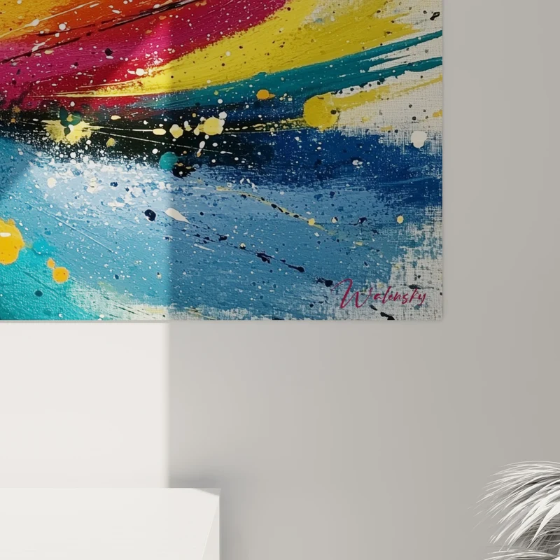 Tableau Spirale jaune et bleu aux éclaboussures multicolores - Tourbillon chromatique central - Edition style Peinture abstrait