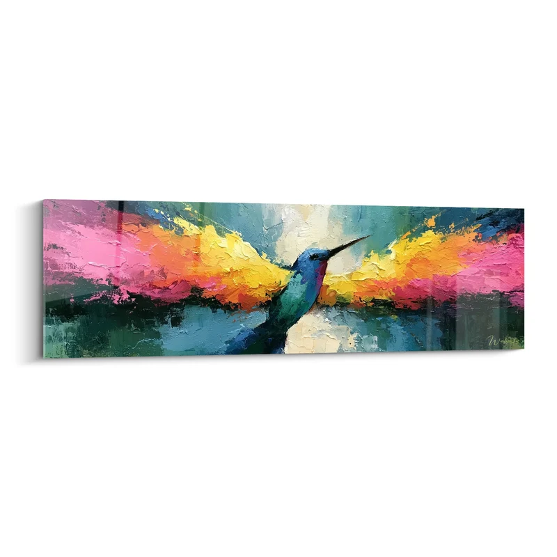 Tableau Colibri bleu et rose ailes déployées - Bec pointu argenté - Edition style Peinture abstrait