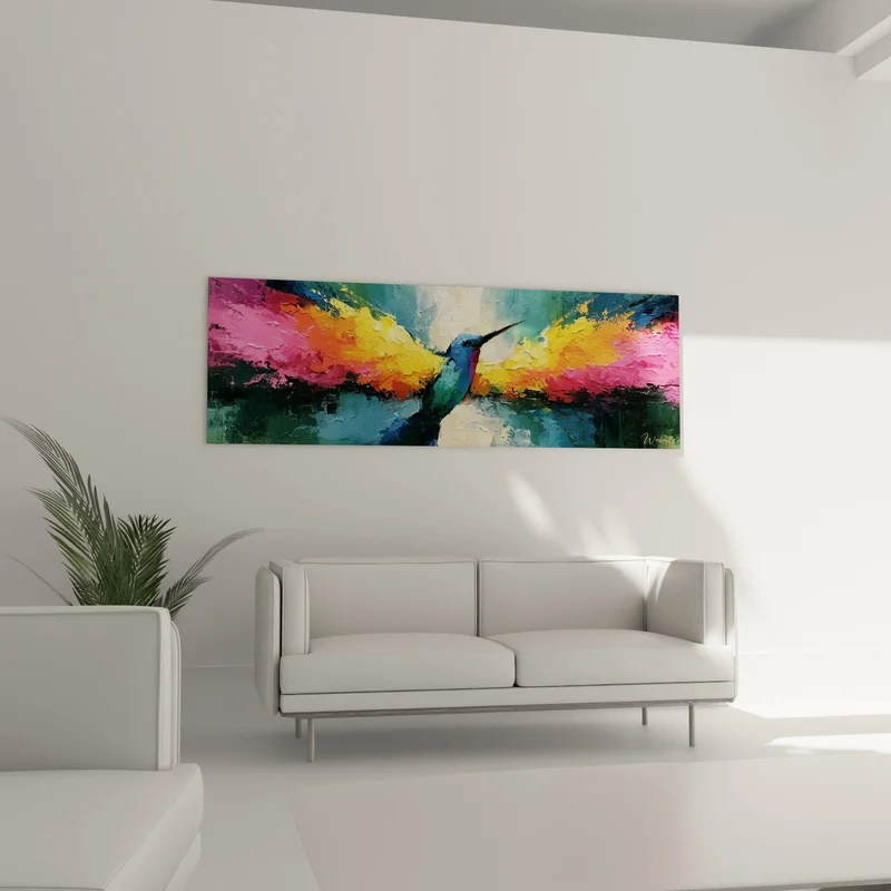Tableau Colibri bleu et rose ailes déployées - Bec pointu argenté - Edition style Peinture abstrait