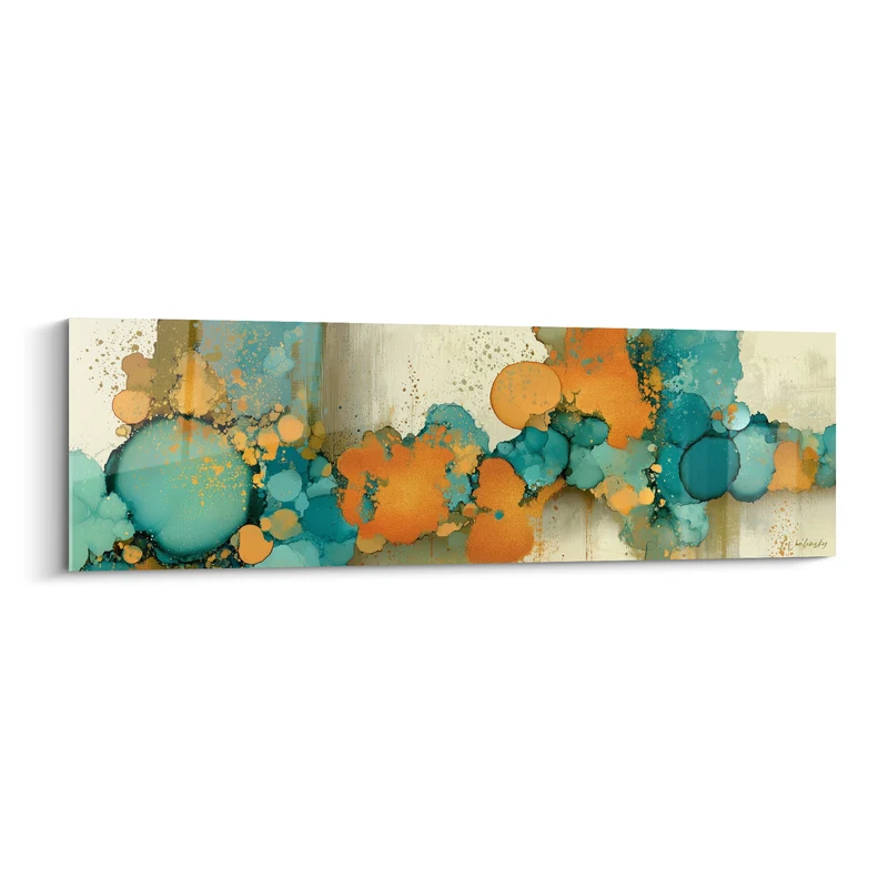 Tableau Bulles d'encre turquoise et orange fondues - Éclaboussure suspendue - Edition style Peinture abstrait