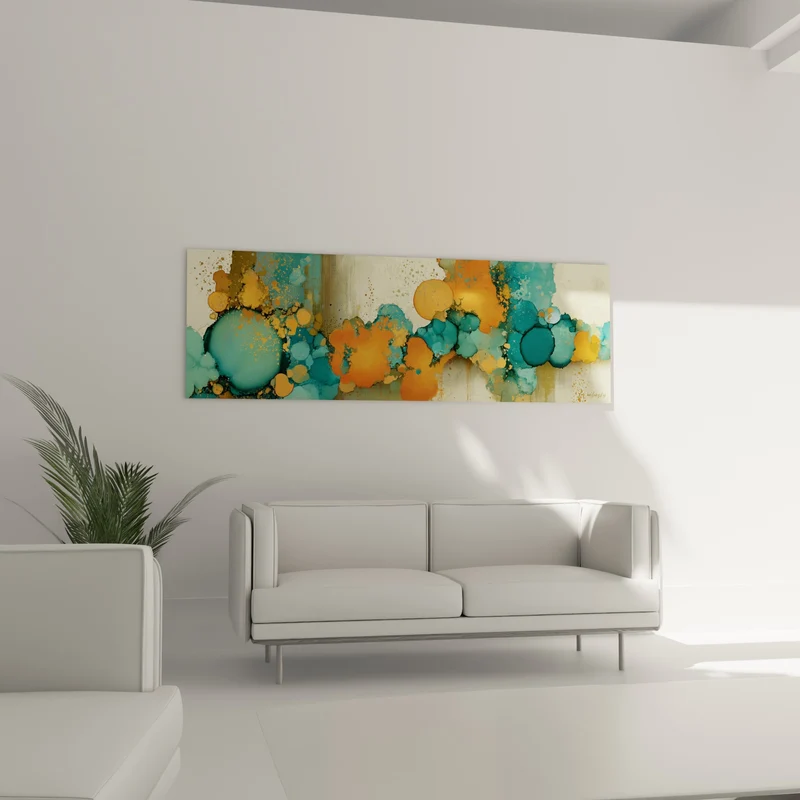 Tableau Bulles d'encre turquoise et orange fondues - Éclaboussure suspendue - Edition style Peinture abstrait
