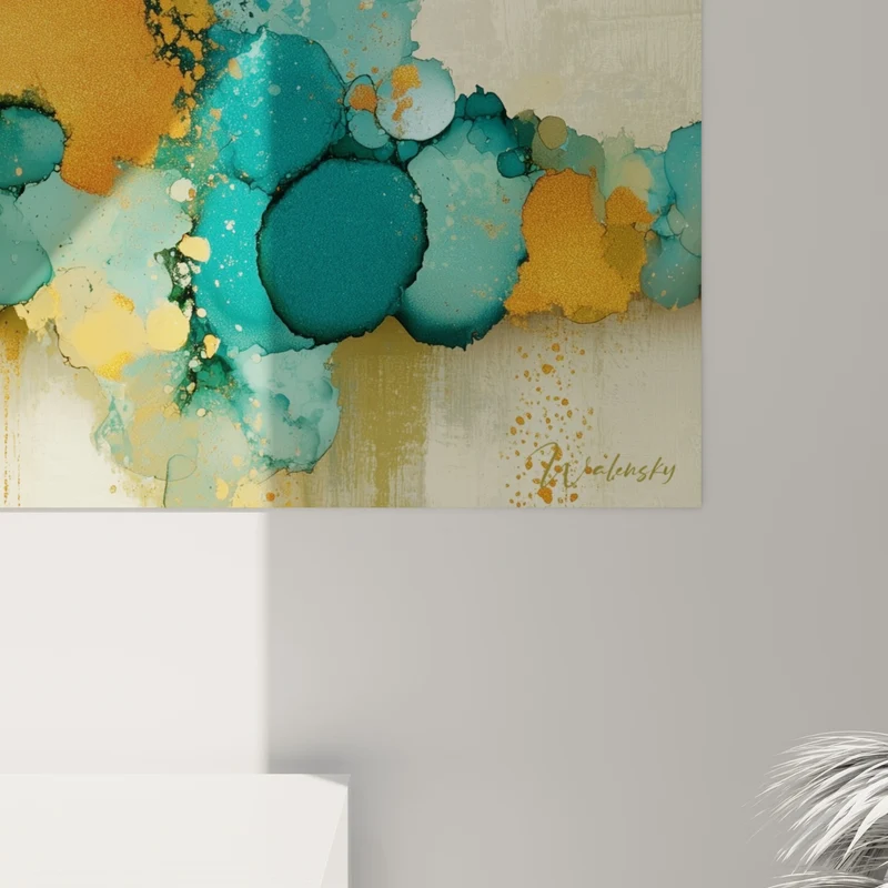 Tableau Bulles d'encre turquoise et orange fondues - Éclaboussure suspendue - Edition style Peinture abstrait