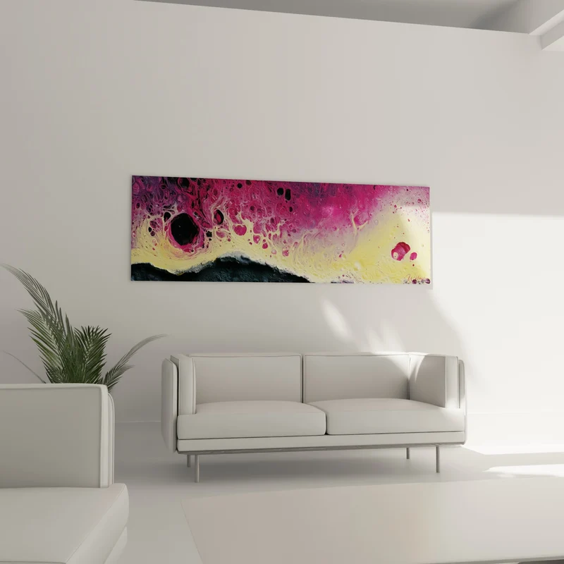 Tableau Coulée alvéolée magenta et jaune crevassée - Cratères noirs abyssaux - Edition style Peinture abstrait